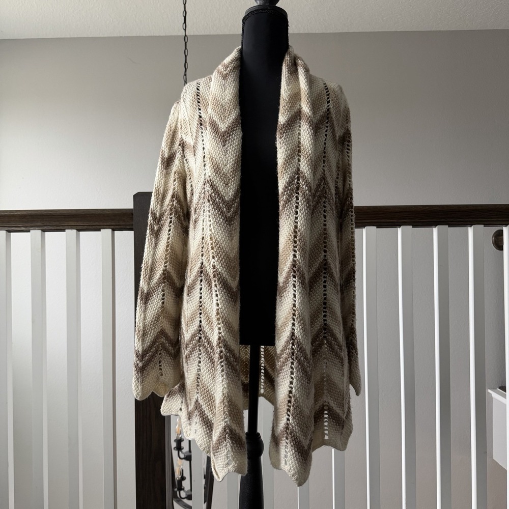 Lucky Brand Chevron Wool Alpaca Blend Crochet Belted Cardigan L Western Festival